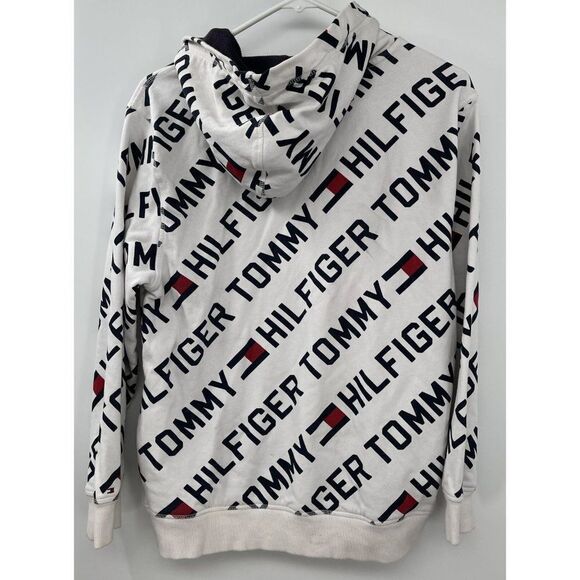 Vintage Boys Large Tommy Hilfiger All Over Logo Hoodie Sweatshirt - Picture 3 of 4